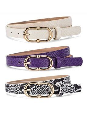 Snake Print PU Leather Skinny Belt Set Beige, Purple, Black & White Gold Metal